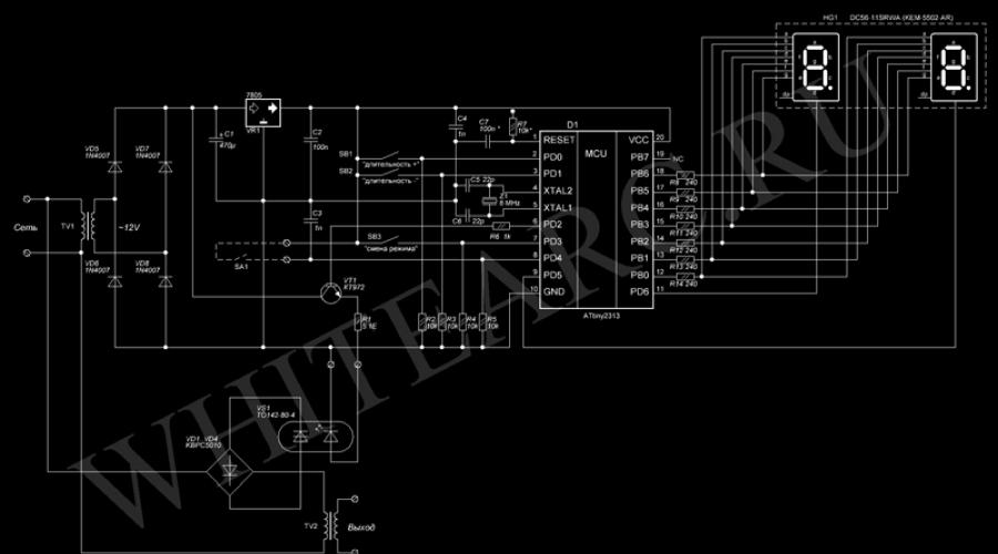 Saldatura a punti su un microcontrollore.  Temporizzatore a microcontrollore per spotter.  Circuito di controllo con blocco indicatore per spotter per saldatura a punti